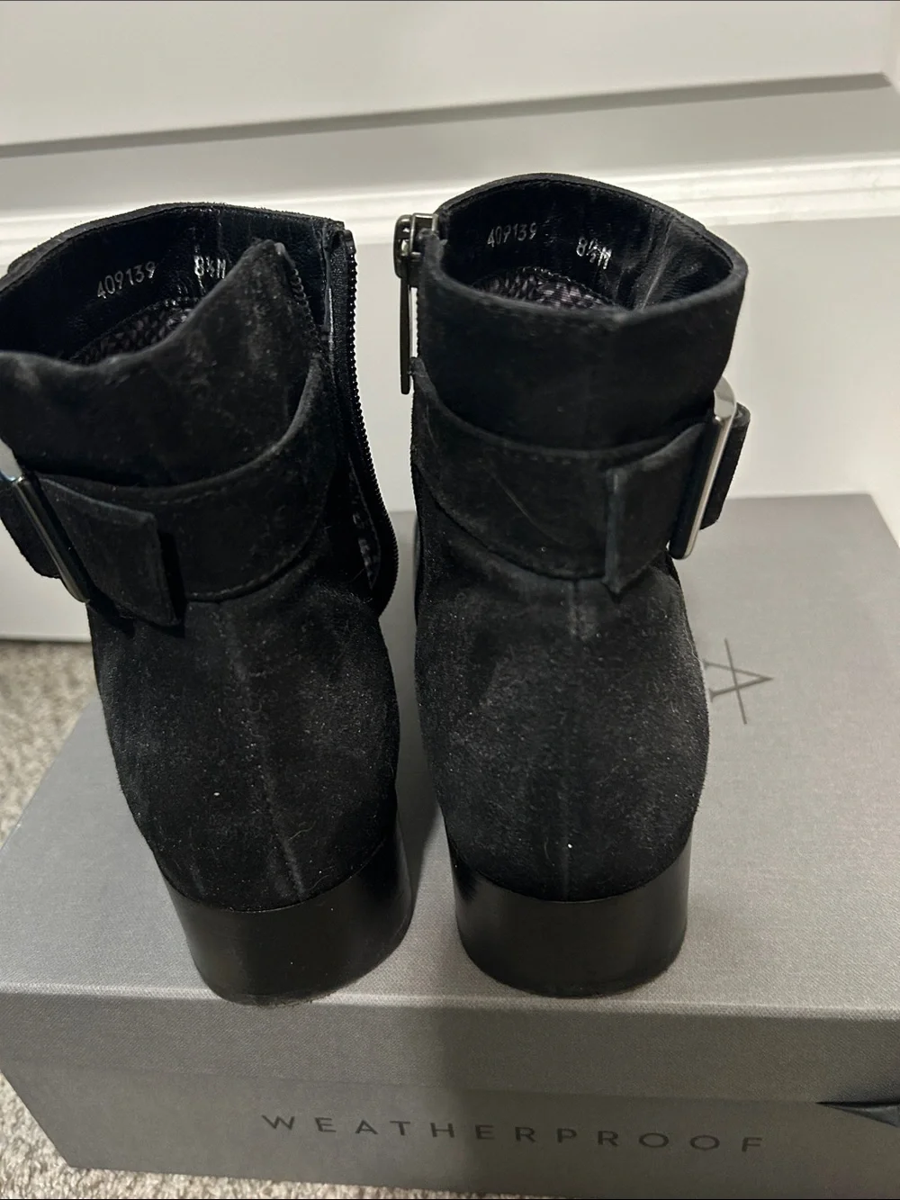 Aquatalia Weatherproof Women's Black Suede Ankle Boots with Buckle